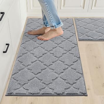 Cosy Homer Kitchen Rug Set of 2 50 x 75 cm + 50 x 120 cm Grey Non slip and washable absorbent polyester fabric soft underfoot kitchen and hallway