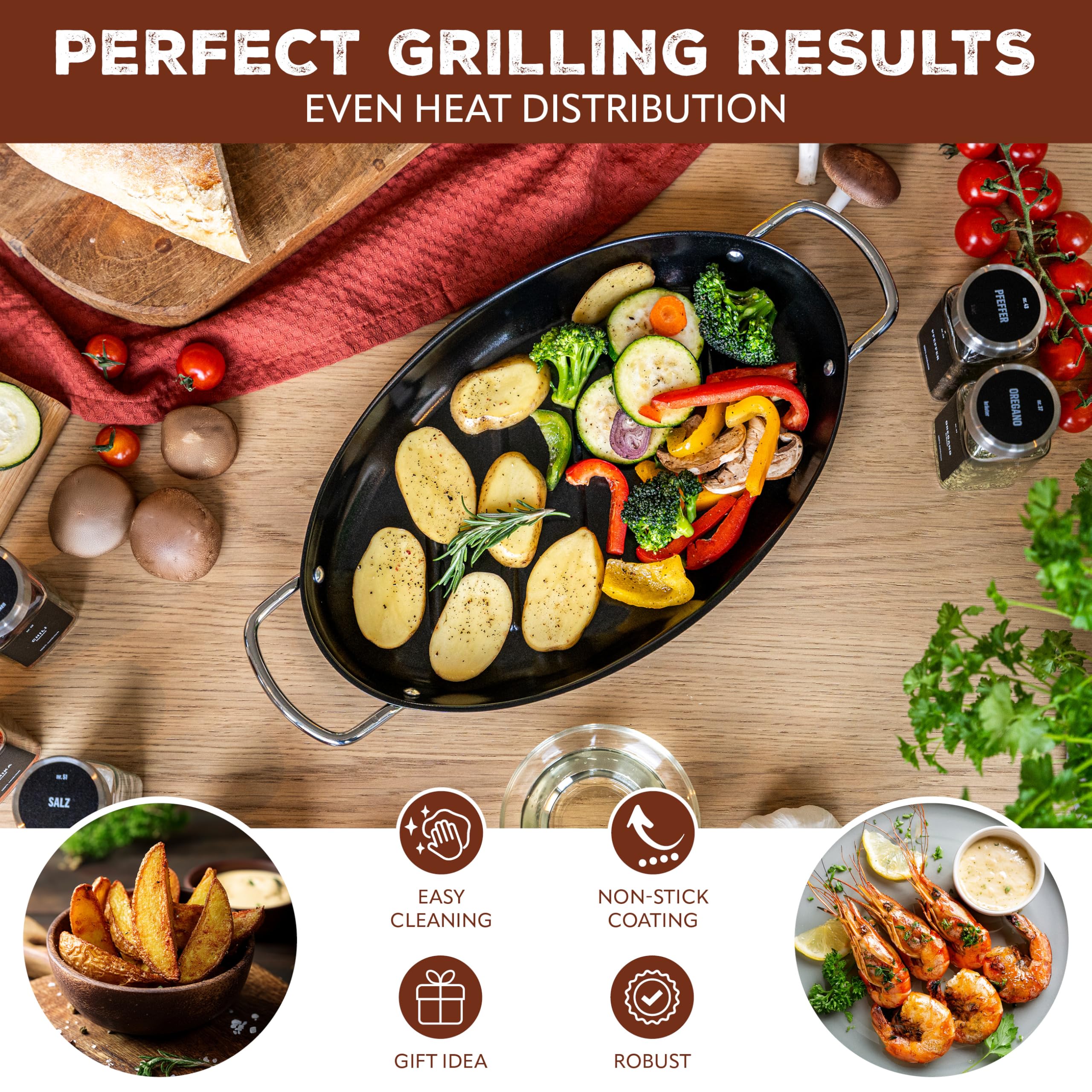 Padella Ovale Per Pesce Antiaderente - Set 2 Pezzi 39,5x20,5 Cm Per Griglia E Forno - Foto 5