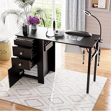 Foldable Nail Desk with Dust Collector, Manicure Table for Nail Tech,with LED Lamp, Wrist Rest, Rolling Nail Table for Salon, Home Beauty Workstation, Compact Nail Station with Storage