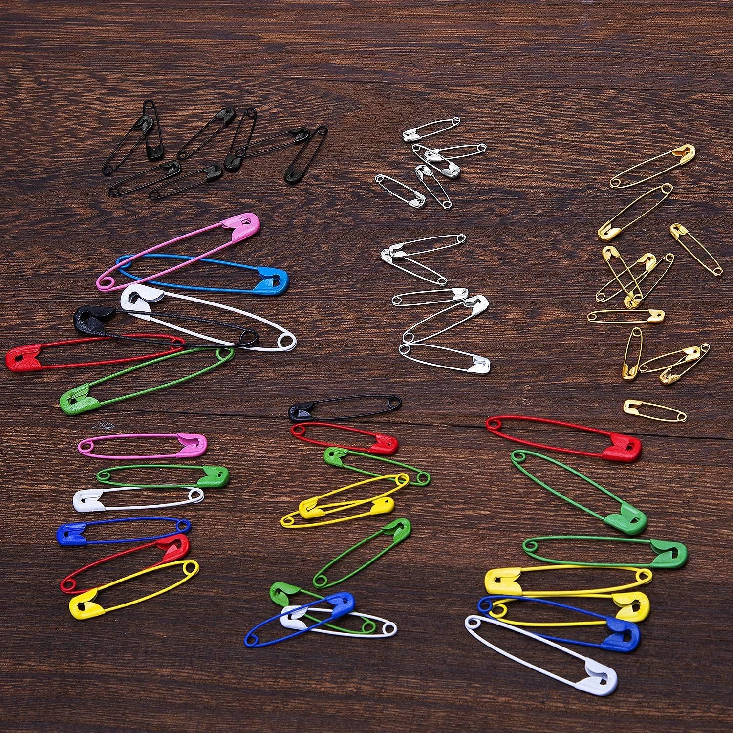 LUTER 500 Pieces 7 Sizes Large and Small Safety Pins Assorted 19mm 22mm 28mm 32mm 36mm 45mm 50mm for Art Craft Sewing Jewelry Making Home Office Use(Gold Silver Black Multicolor)