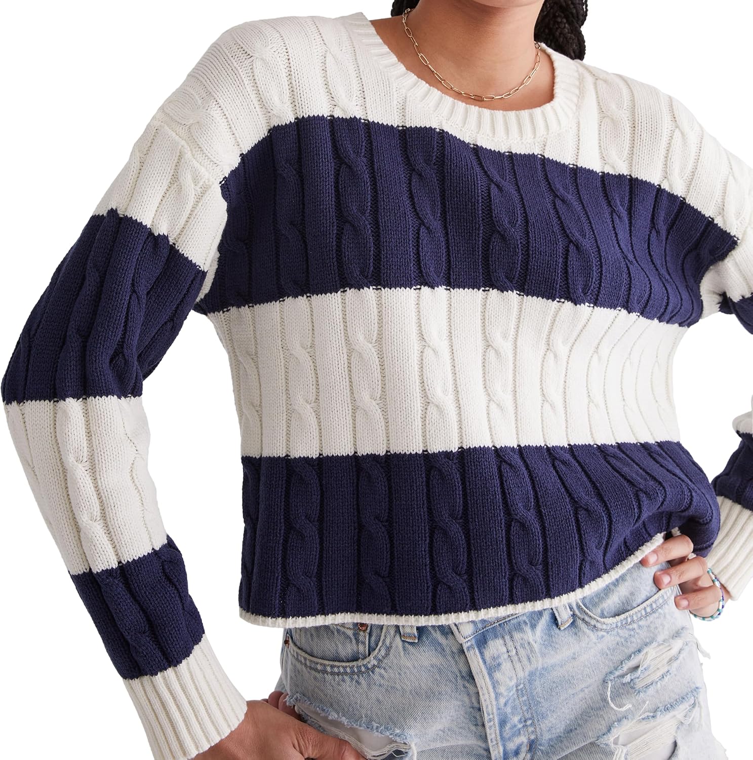 AEROPOSTALE Women's Cable Stripe Crew Sweater