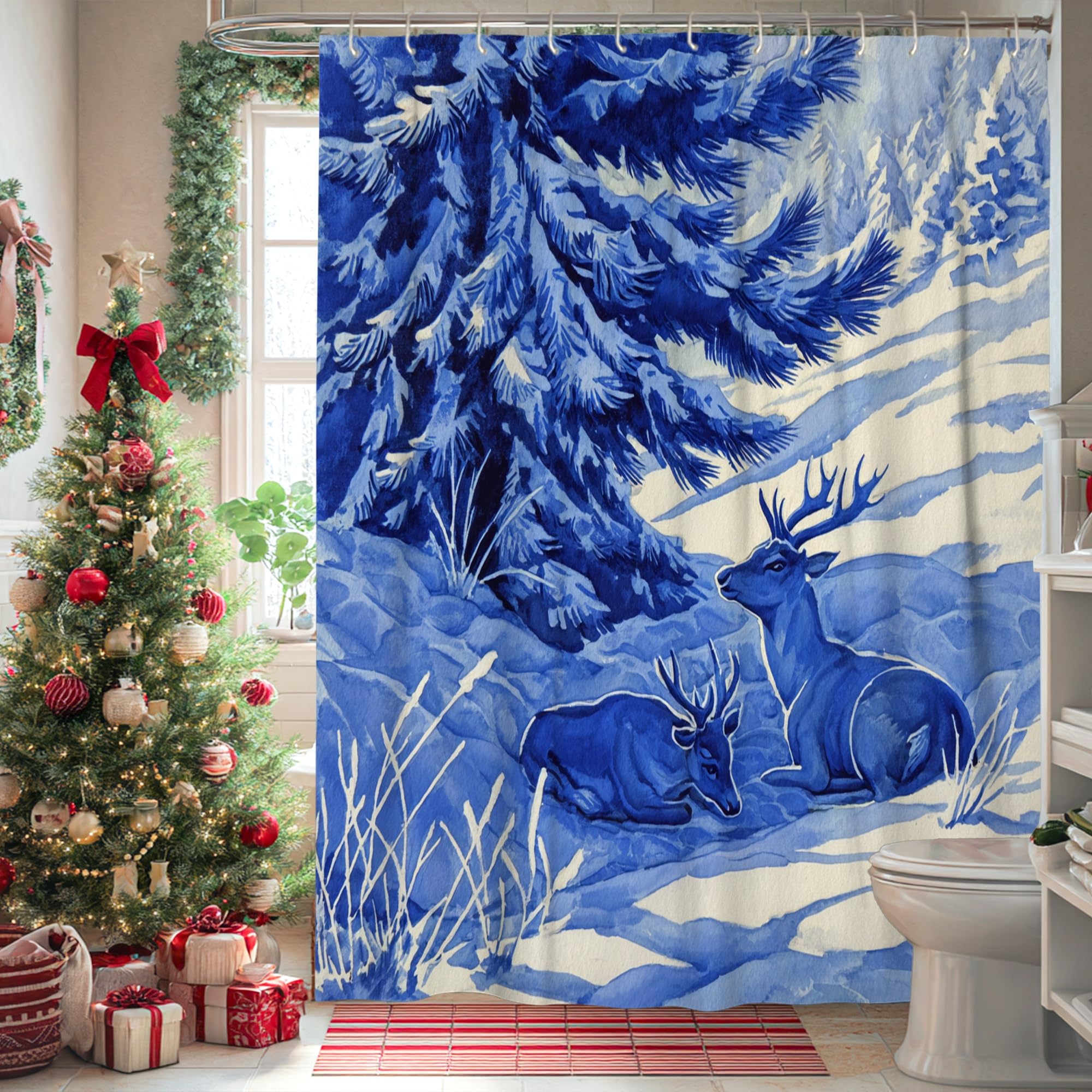 Rideau de douche forêt bleue et cerf d'hiver en tissu imperméable avec crochets 183x243 cm