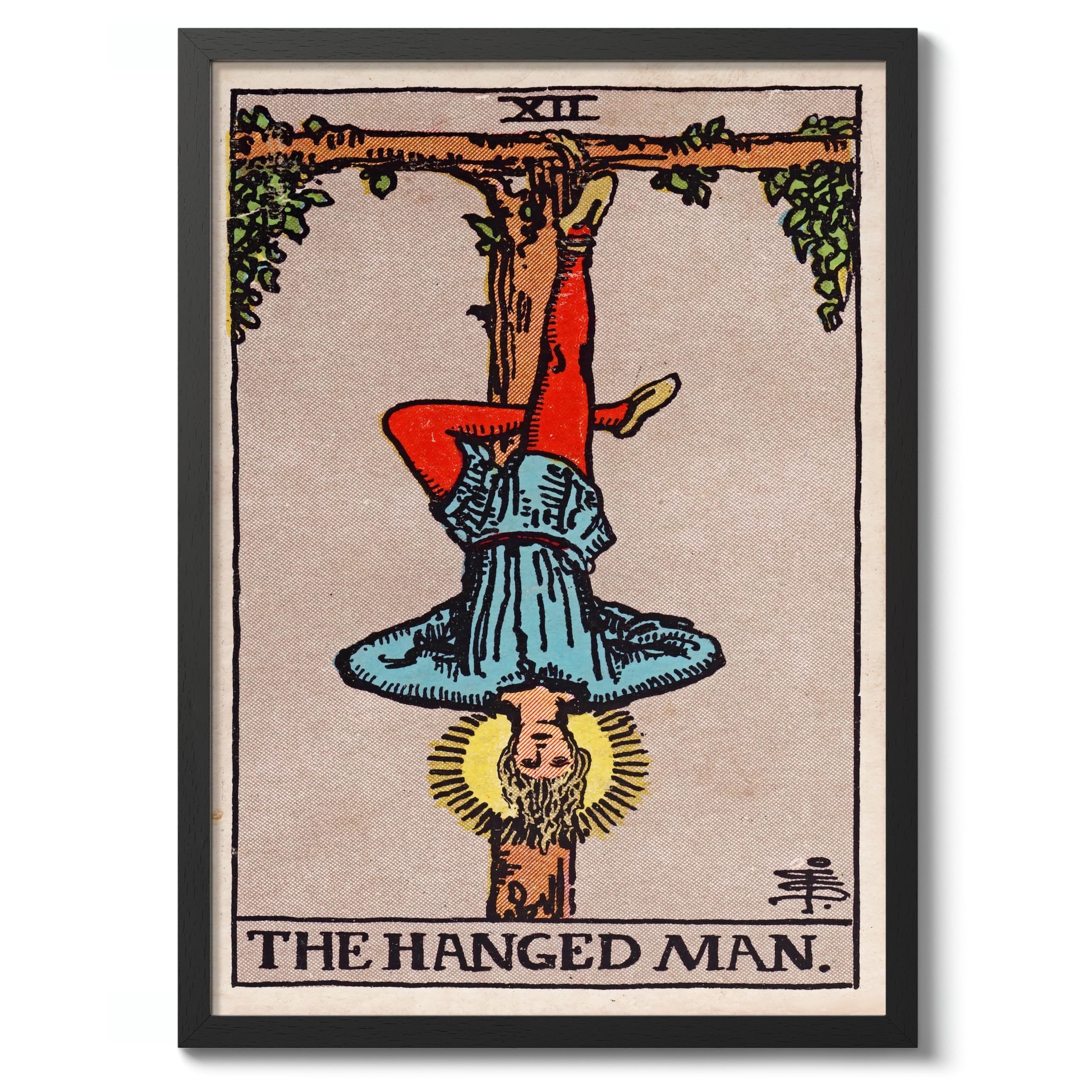 Hanged Man Vintage Tarot Art Print, Spiritual Wall Art Poster, Retro Mystical Bedroom Home Decor, 50x70cm (Black Frame) - 53x73cm