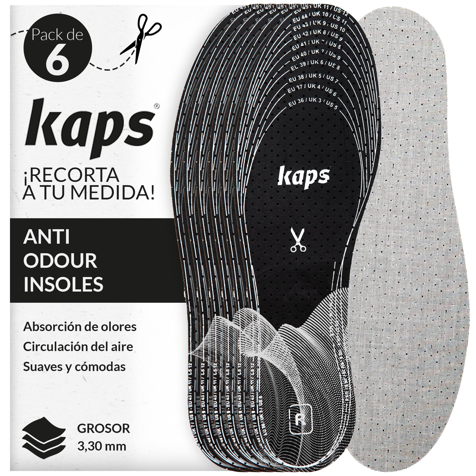 Kaps Paquete de 6 Pares Plantillas Anti-Olor Carbón Vegetal Insertos Zapatos Odour Stop Corte Medida