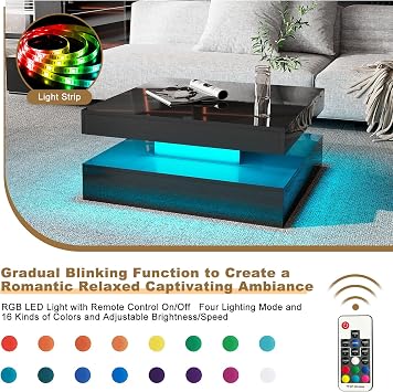 HedoAjim Black LED Coffee Table for Living Room, Living Room Table 2-Tier Square Middle Center Table, Modern Coffee Tables with Storage, Contemporary Wood Tea Tables for Dining Reception
