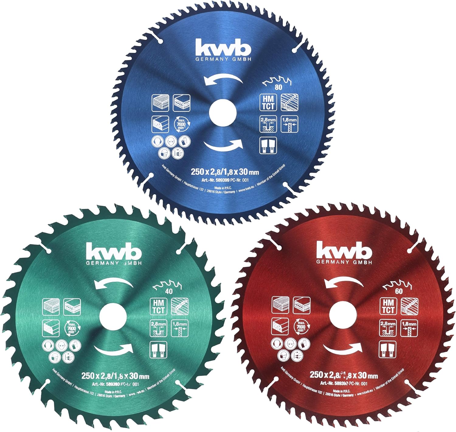 kwb 3-Piece Circular Saw Blade Set 250 x 30/25 / 16 mm for Circular Hand Saws and Table Saws, Multi-Cut Blades