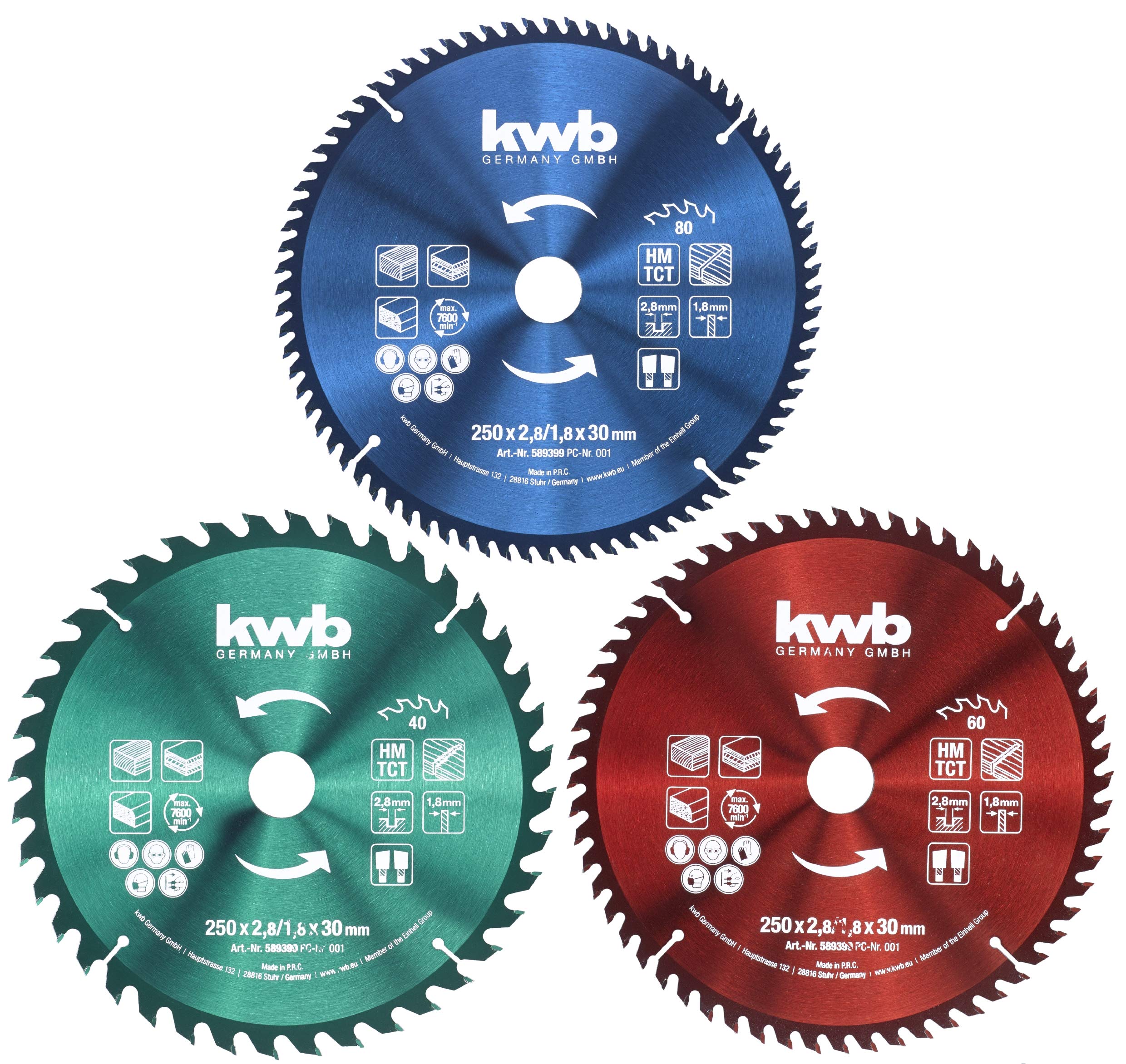 KWB 49589399 - Juego de hojas de sierra circular (250 x 30 / 25 / 16 mm para sierras circulares de mano, anillos de reducción a 16 y 25 mm)