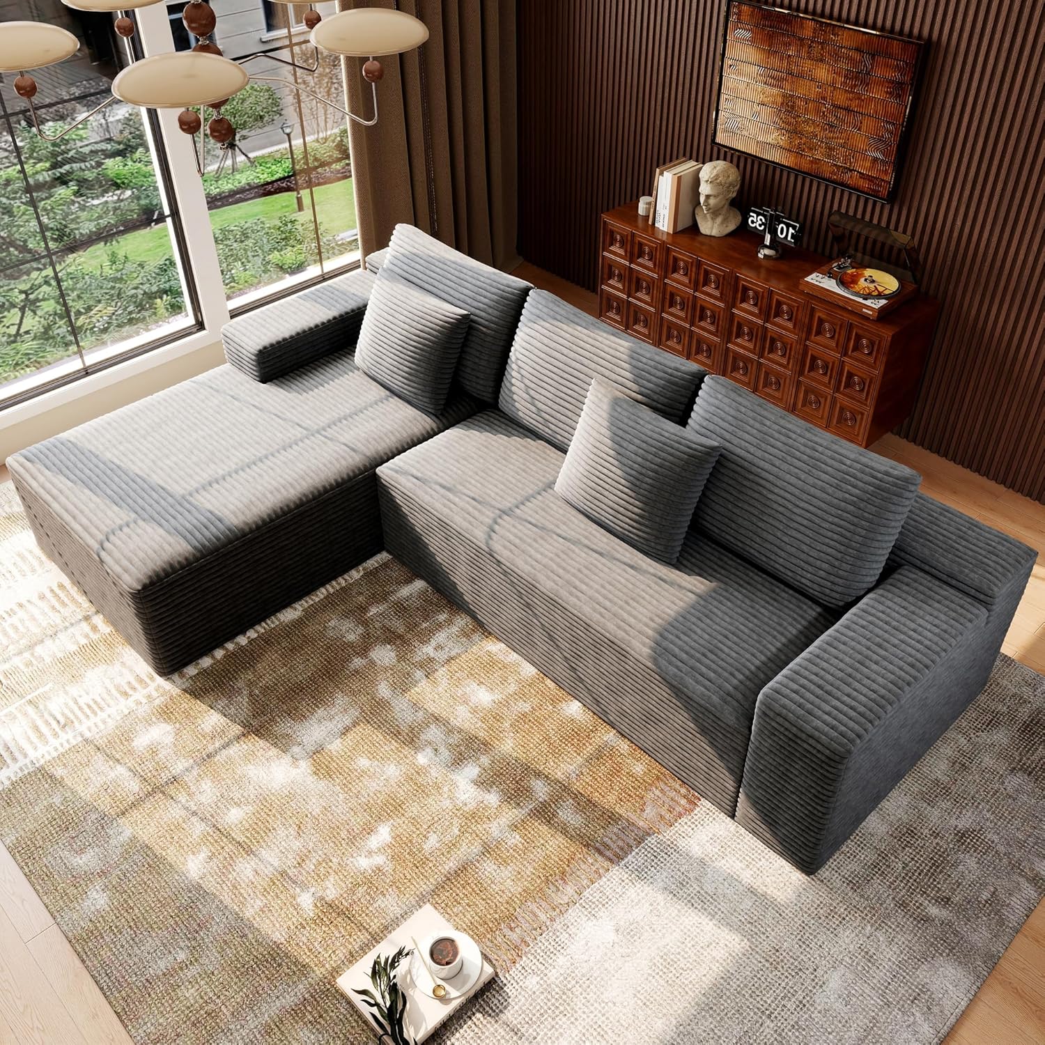105‘’ Boneless Modular Sectional Sofa, Cloud Couch with Left Facing Chaise, Oversized Deep Seat, L-Shaped, Soft Corduroy Fabric, Sectional Couch for Living Room -Grey