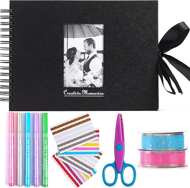 Inicia Scrapbook DIY Photo Album Kit 80 Black Pages Comes with Scissors, 216 Photo Corners,2 Rolls of Lace Tapes and other accessories, Memory Book Kit for Gifts or yourself with Window Photo Pocket