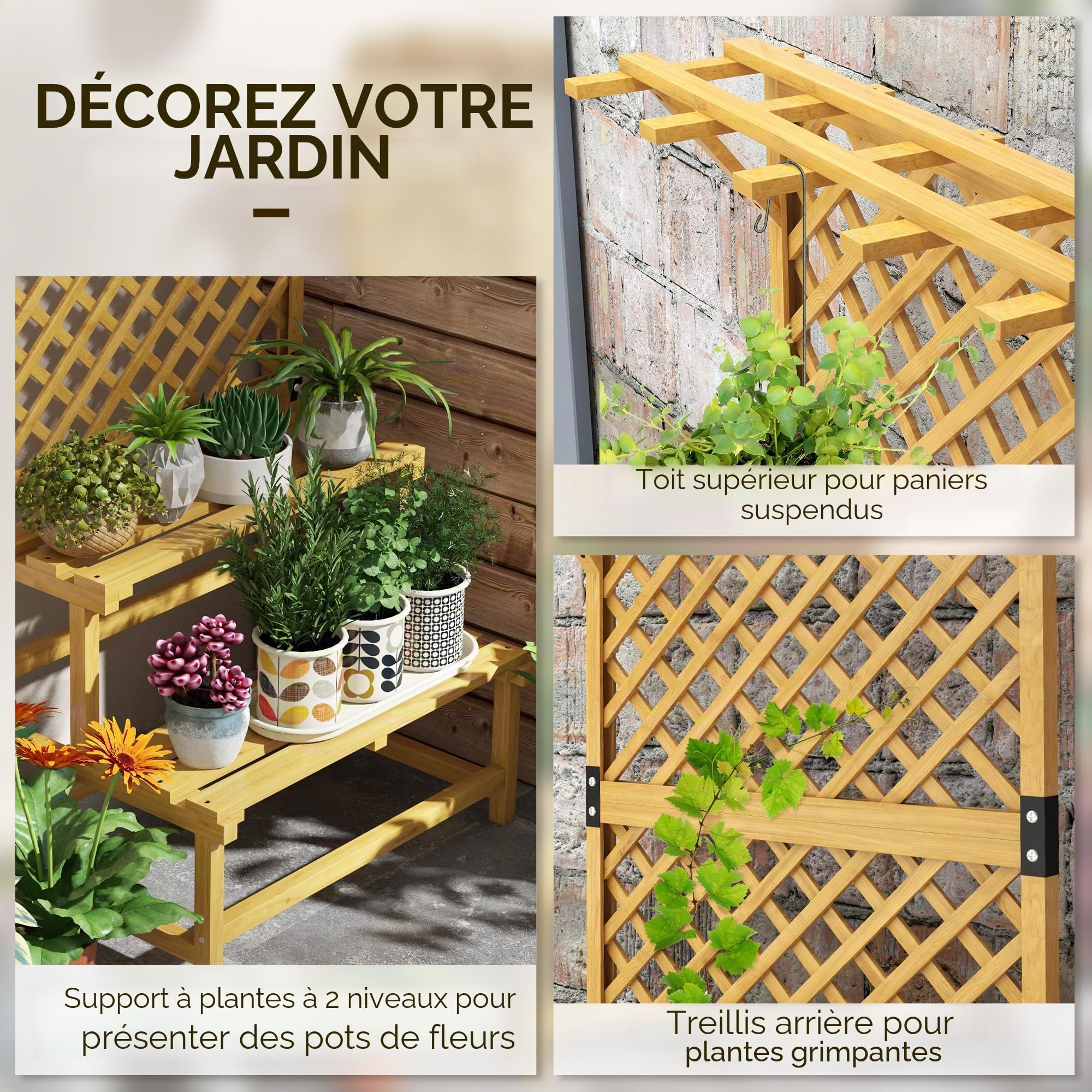 Outsunny Escalier à fleurs avec tuteur, 2 marches, toit, escalier pour plantes d'intérieur et extérieur, support de fleurs en bois, étagère à fleurs à plusieurs étages pour jardin, balcon, 75 x 50 x