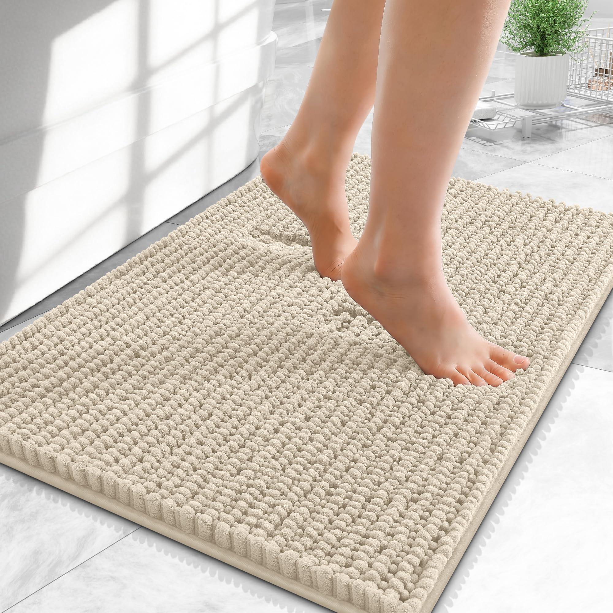 OLANLY Thick Chenille Small Bathroom Rugs 24x16, Absorbent Bath Mat, Sand
