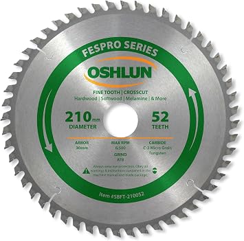 Oshlun SBFT-210052 210mm 52 Tooth FesPro Crosscut ATB Saw Blade with 30mm Arbor for Festool TS 75 EQ