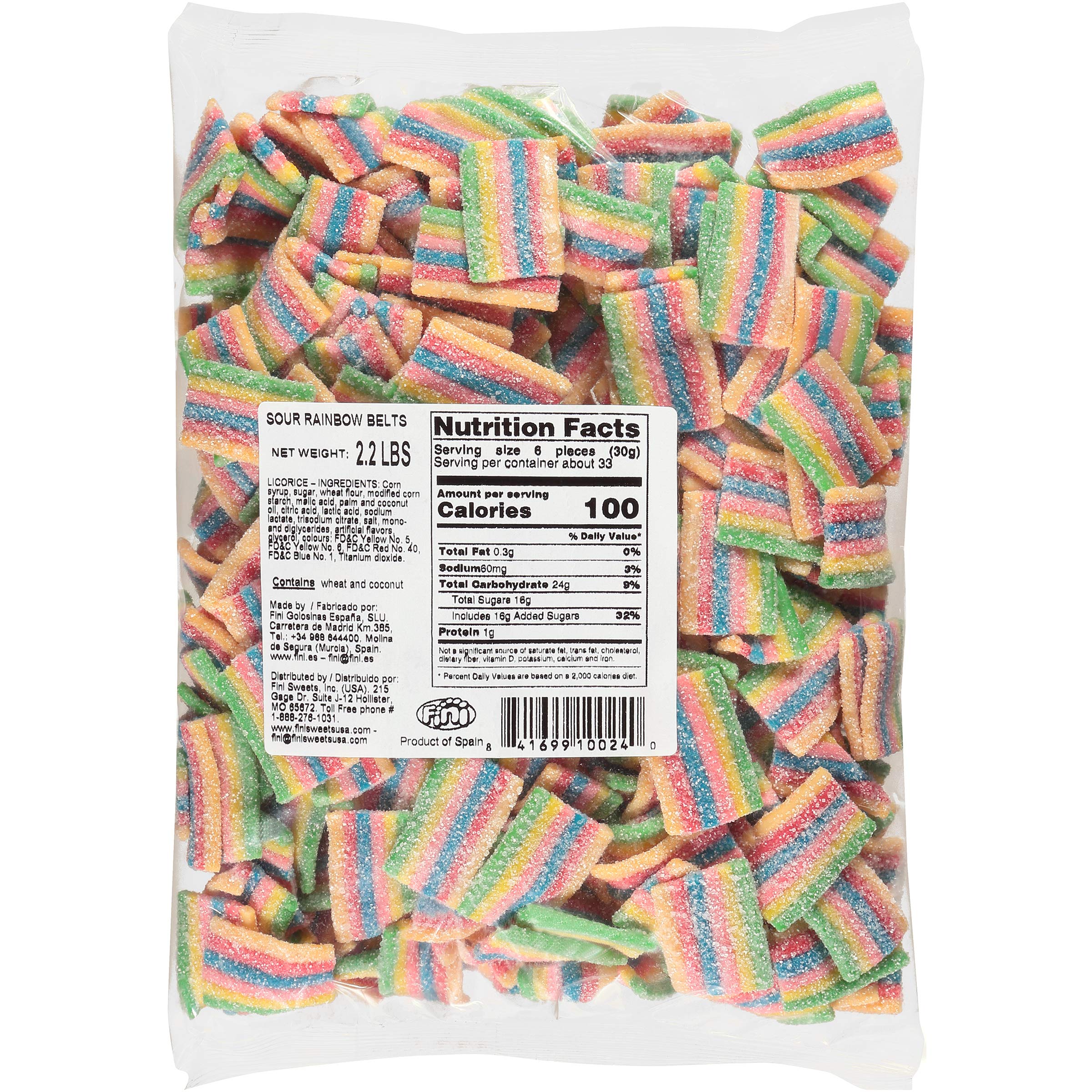 Fini Sour Rainbow Belts, 2.2 Lb Bulk Bag, Party Size, Sour Candy, Fizzy, 0% Fat, Great for Sharing With Friends, Perfect for Kids Parties, Office Treats, Party Favors and More