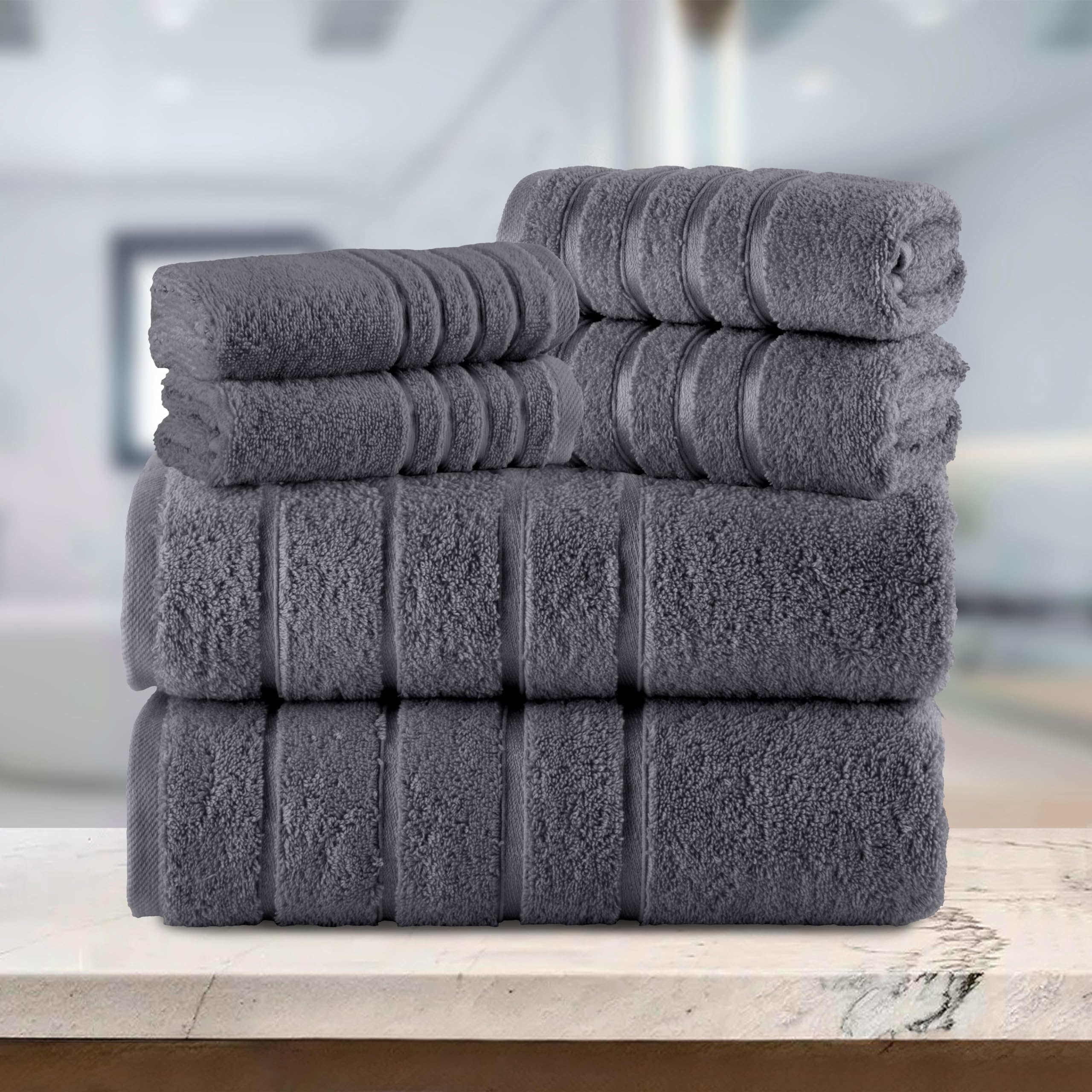 Elegant Comfort Juego de 6 Toallas de 4 líneas de Viscosa a Rayas, Toallas de baño de Lujo 100% algodón Turco de Alta absorción, Incluye 2 paños, 2 Toallas de Mano y 2 Toallas de baño, Color Gris