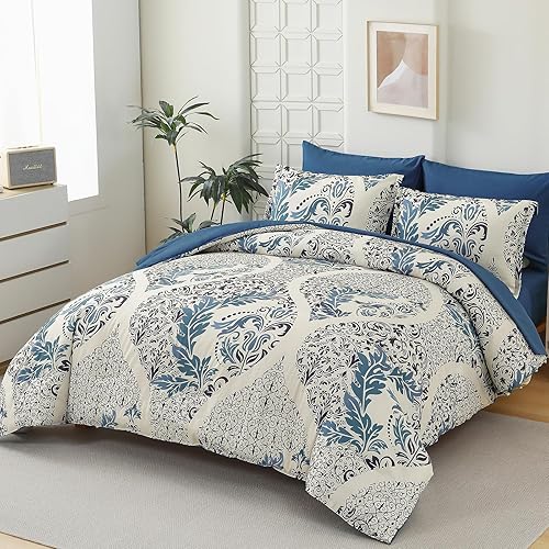 Miniatura 3 de Anibedding Juego de edredón azul tamaño Queen de 7 piezas, juego de edredón de damasco bohemio de microfibra suave y ligera para todas las