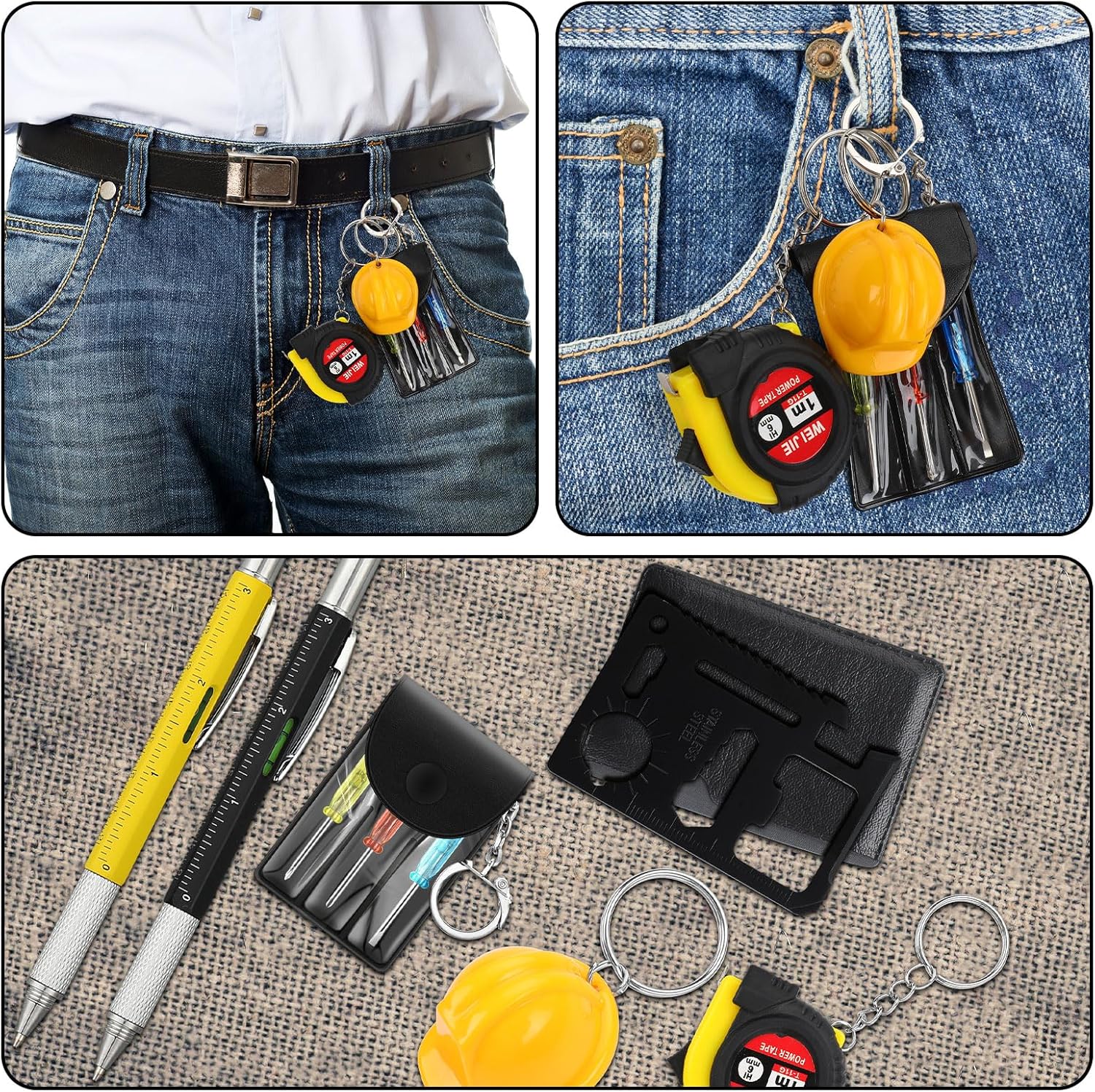60 Pcs Mini Tape Measure Screwdriver Helmet Set Multitool Pen Credit Card Valentine's Day Gift Bulk for Men Adult (Black,Yellow)