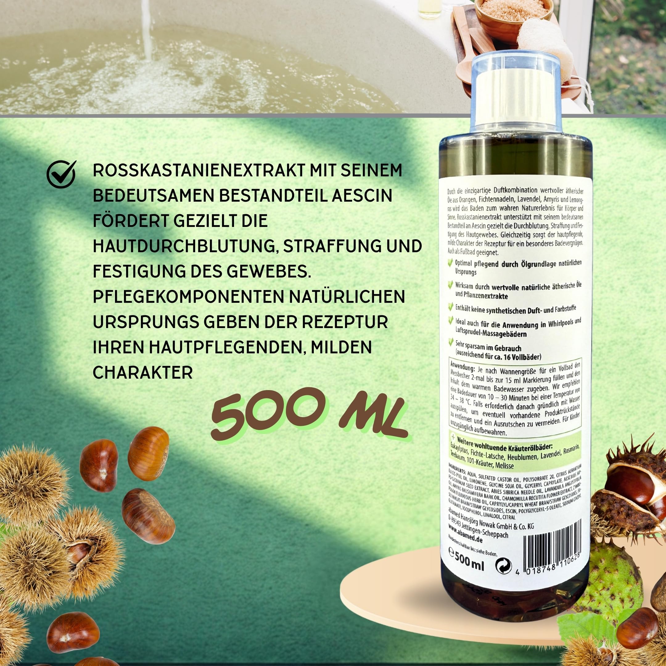 Rosskastanie Kräuterölbad – mit Aescin, straffend & wohltuend für Beine & Füße, 500 ml