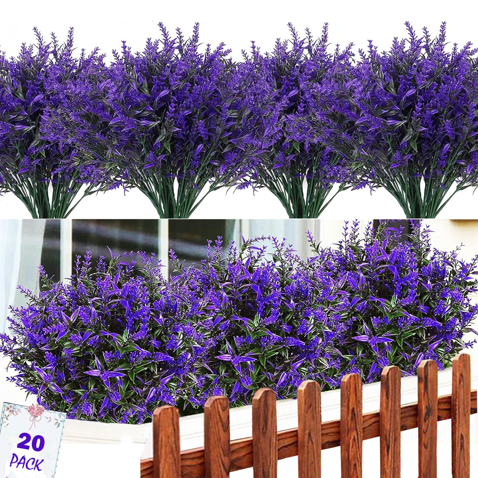 Artificial Flowers, 20 Bundles Artificial Lavender Plants Indoor and Outdoor, UV Resistant Plastic Faux Flowers Decorative for Garden, Outside, Porch, Home, Hanging Basket, Fence, Window (Purple)