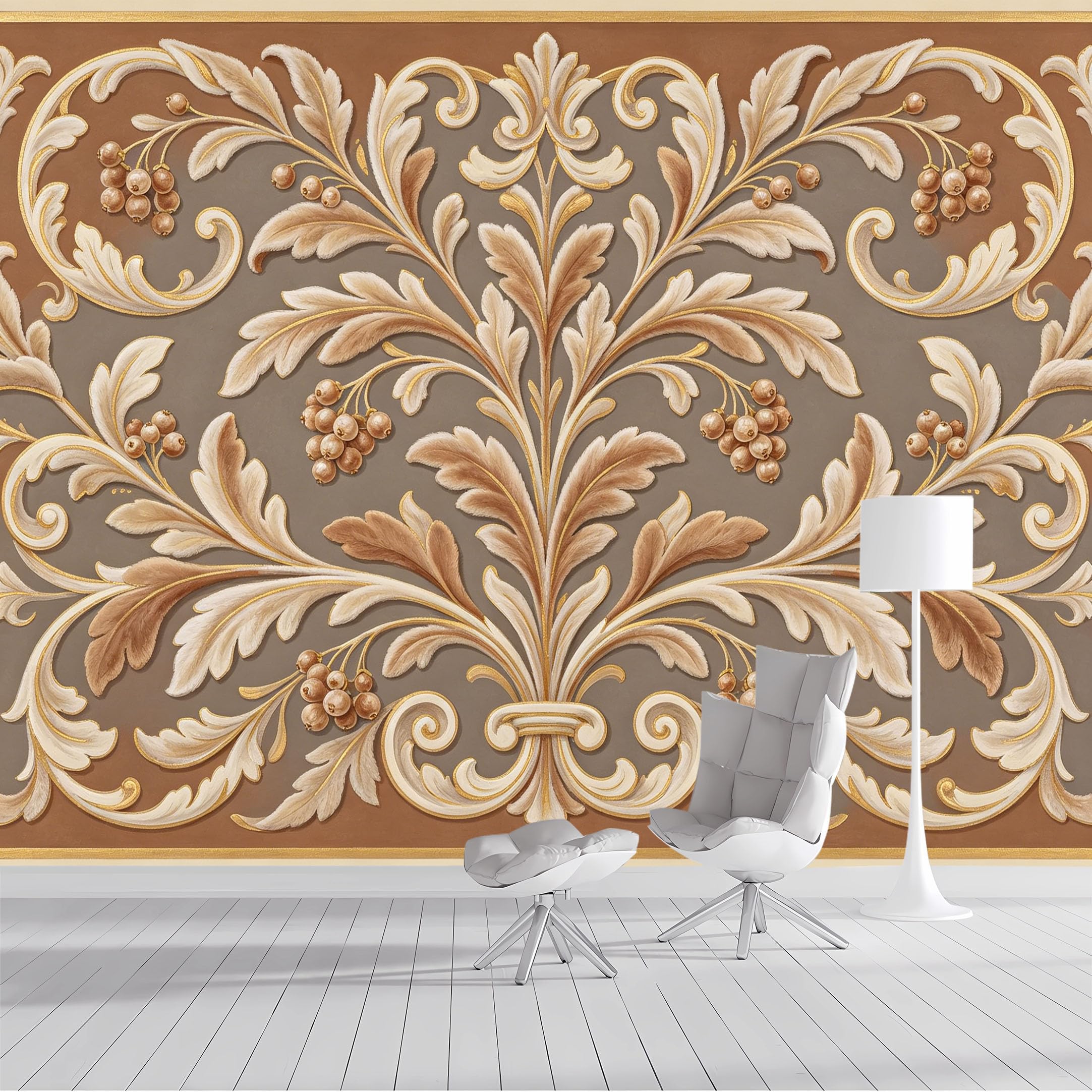 Custom Size Wall Mural Baroque Floral Ornament Acanthus Leaves Berries Textured Relief Effect SelfAdhesive Wall Fabric Removable Peel and Stick Wallpaper for Living Room Bedroom Bathroom