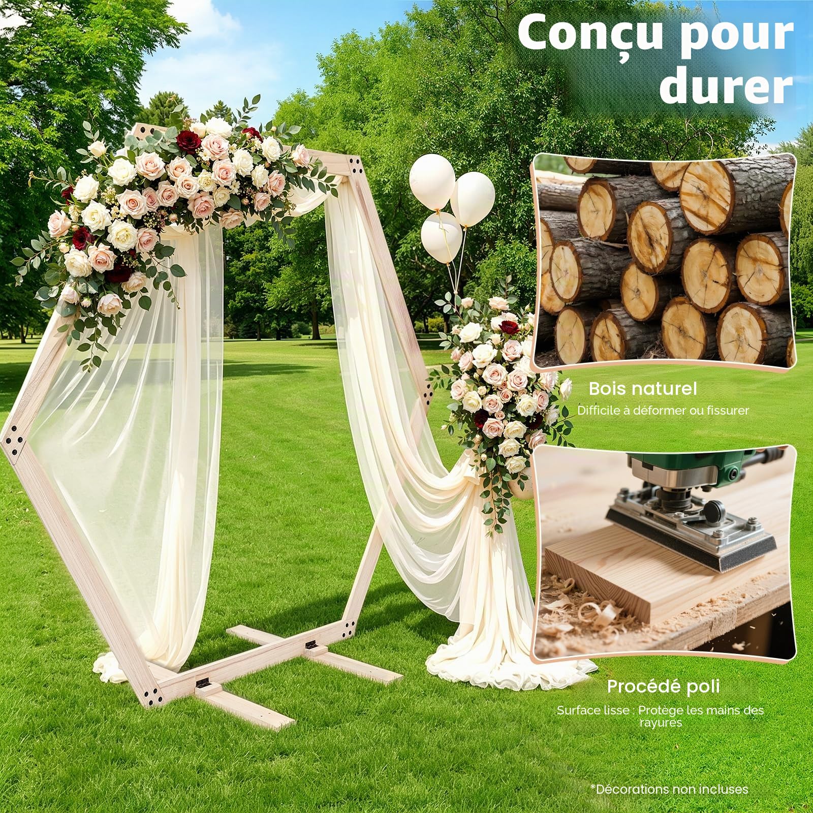 Arche de mariage - Cadre hexagonal - 2,33 m - Arche de mariage - Support en bois - Pour mariages, fêtes d'anniversaire, événements commerciaux, etc