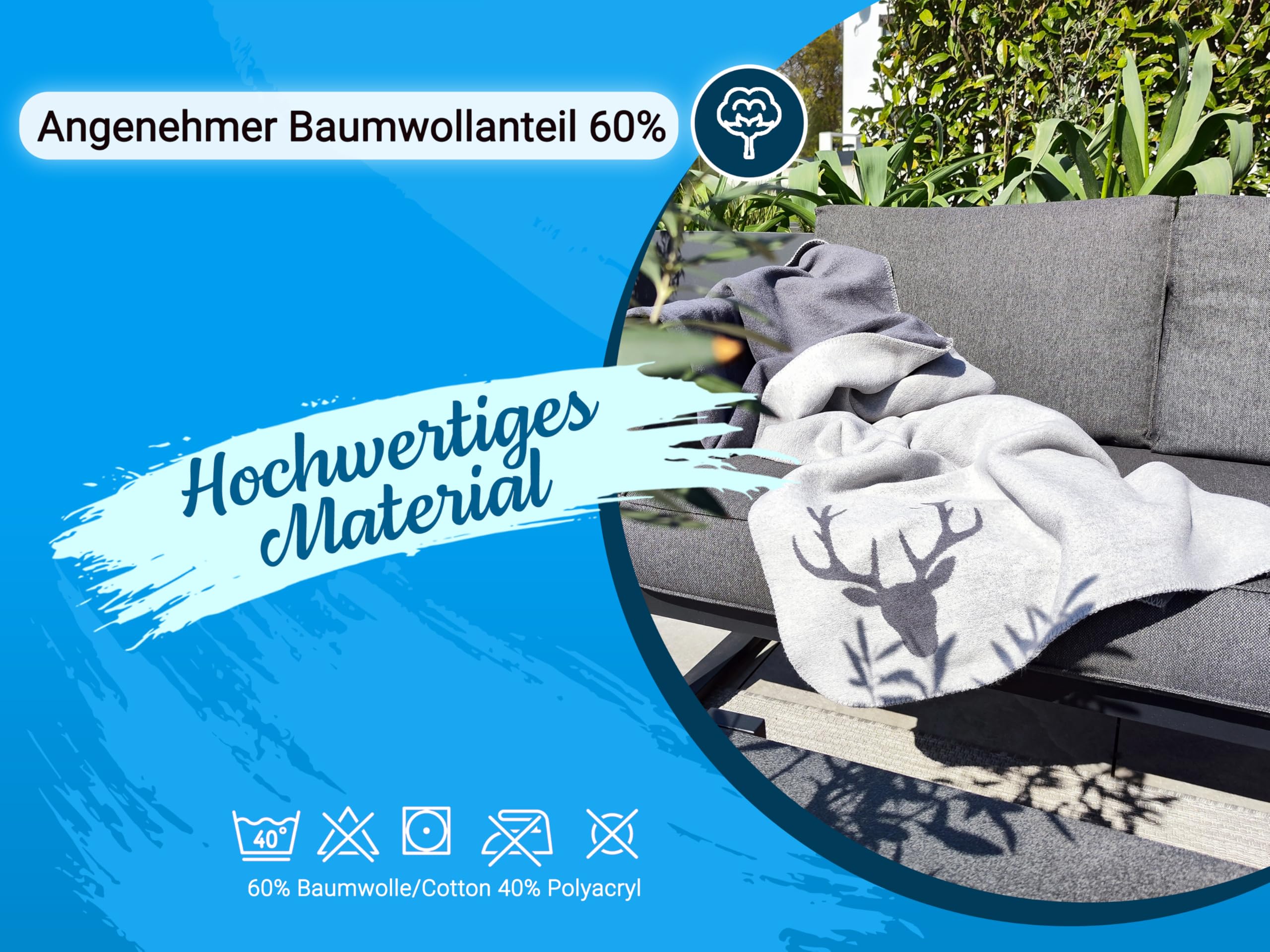 ZOLLNER Kuscheldecke in 150x200 cm - Flauschige und weiche Wendedecke in Zwei schlichten Farben - Trendige Hirschkopfeinwebung in grau - Mischgewebe - waschbar bis 40°C – Oeko Tex® Zertifiziert