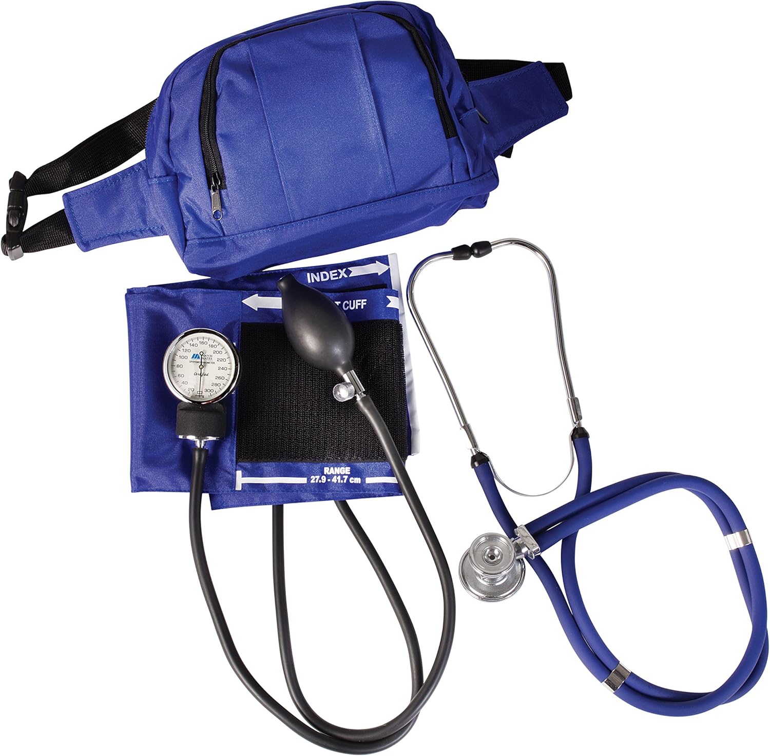 MABIS MatchMates Aneroid Sphygmomanometer Manual Blood Pressure Monitor Fanny Pack Kit with Calibrated Adult Nylon Arm Cuff and Sprague Rappaport Stethoscope, Professional Quality, Royal Blue