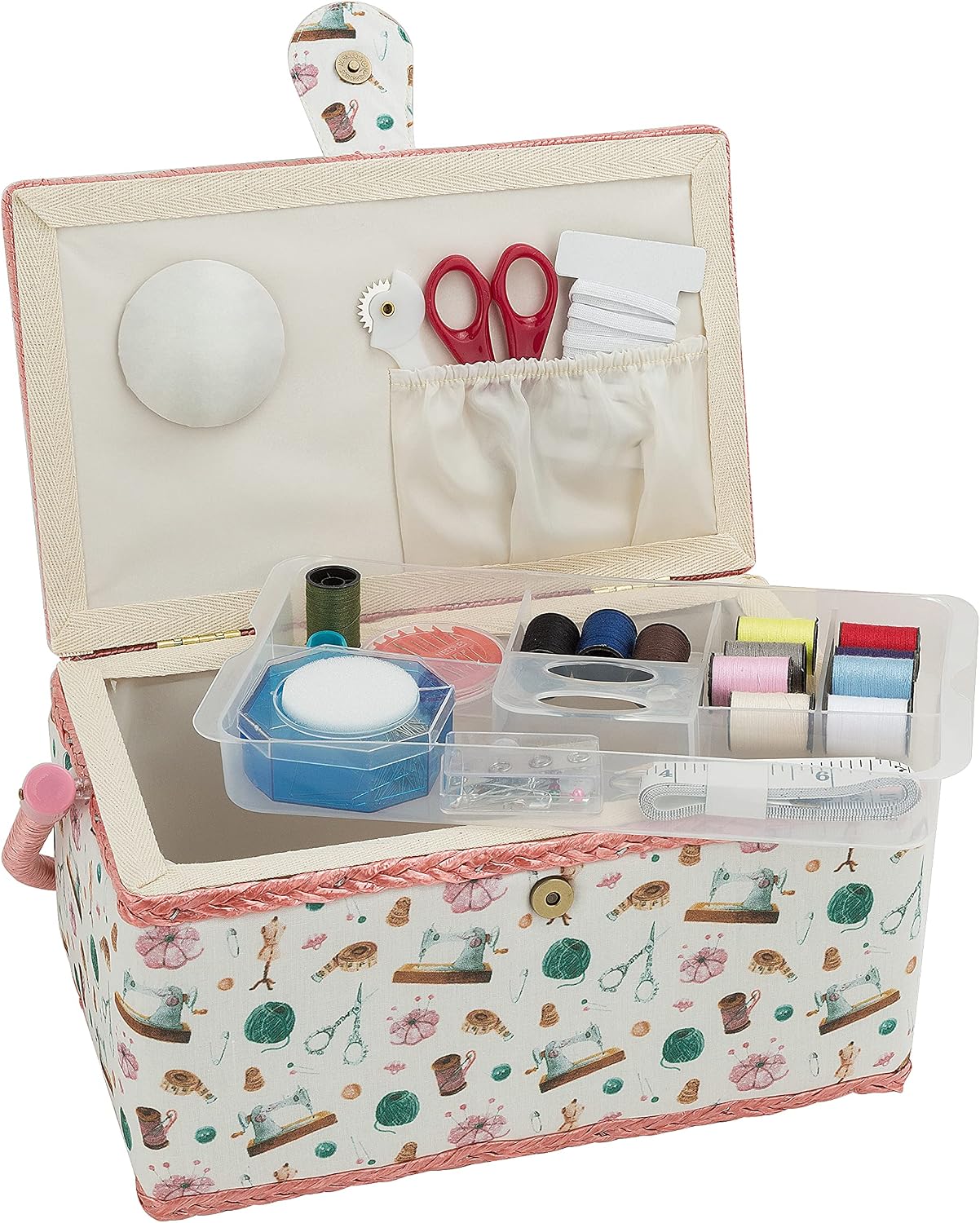 Smartek Home Sewing Kit Storage Basket | Includes Needles, Threads, Tape Measure & Accessories | Removable Tray, Built-In Pin Cushion | Sewing Machines Supplies Bag Organizer | (Large, 10.8x6.6 in)