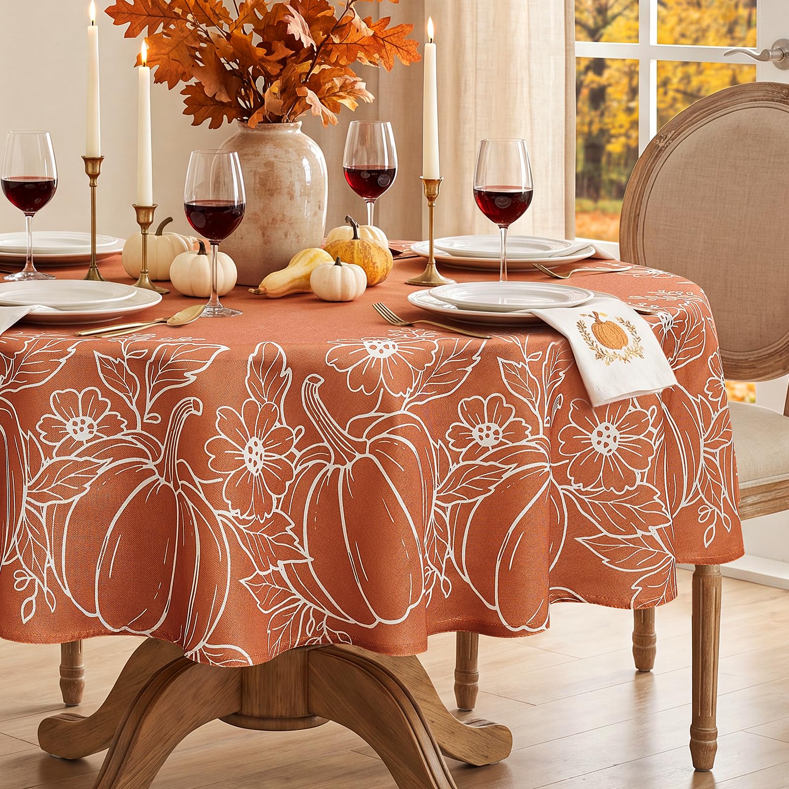 Softalker Round Autumn Tablecloths 150 cm Diameter, Faux Linen Fall Table cloth with Pumpkin, Water Resistant & Washable, Table Cover for Harvest,Thanksgiving,Outdoor,Party Tabletop Dining Decoration โ image 1
