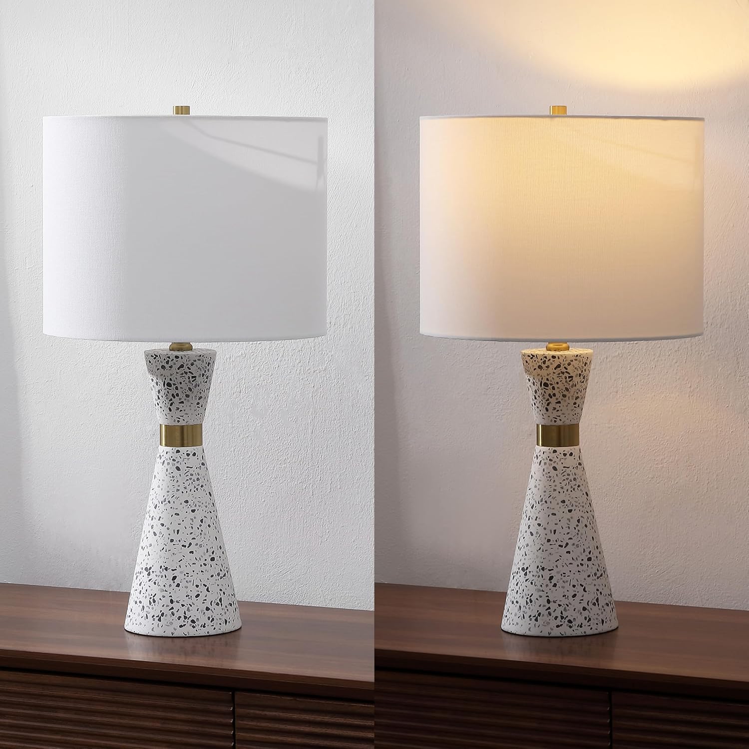 JONATHAN Y 24" White/Gray Terrazzo LED Table Lamp, Art Deco Hourglass Sculptural Iron Lamp with Brass Gold Accents, White Linen Drum Shade for Bedroom, LED Bulb Included JYL8030A