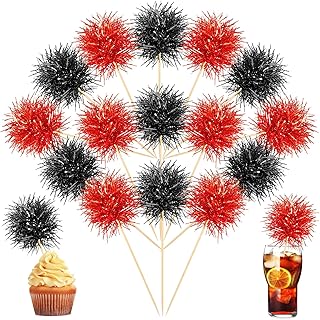 100 Pcs Foil Firework Cupcake Toppers Sparkle Tinsel Cake Toppers Cake Decoration Cocktail Fruit Toothpick for Birthday Wedding Graduation Party(Red, Black)