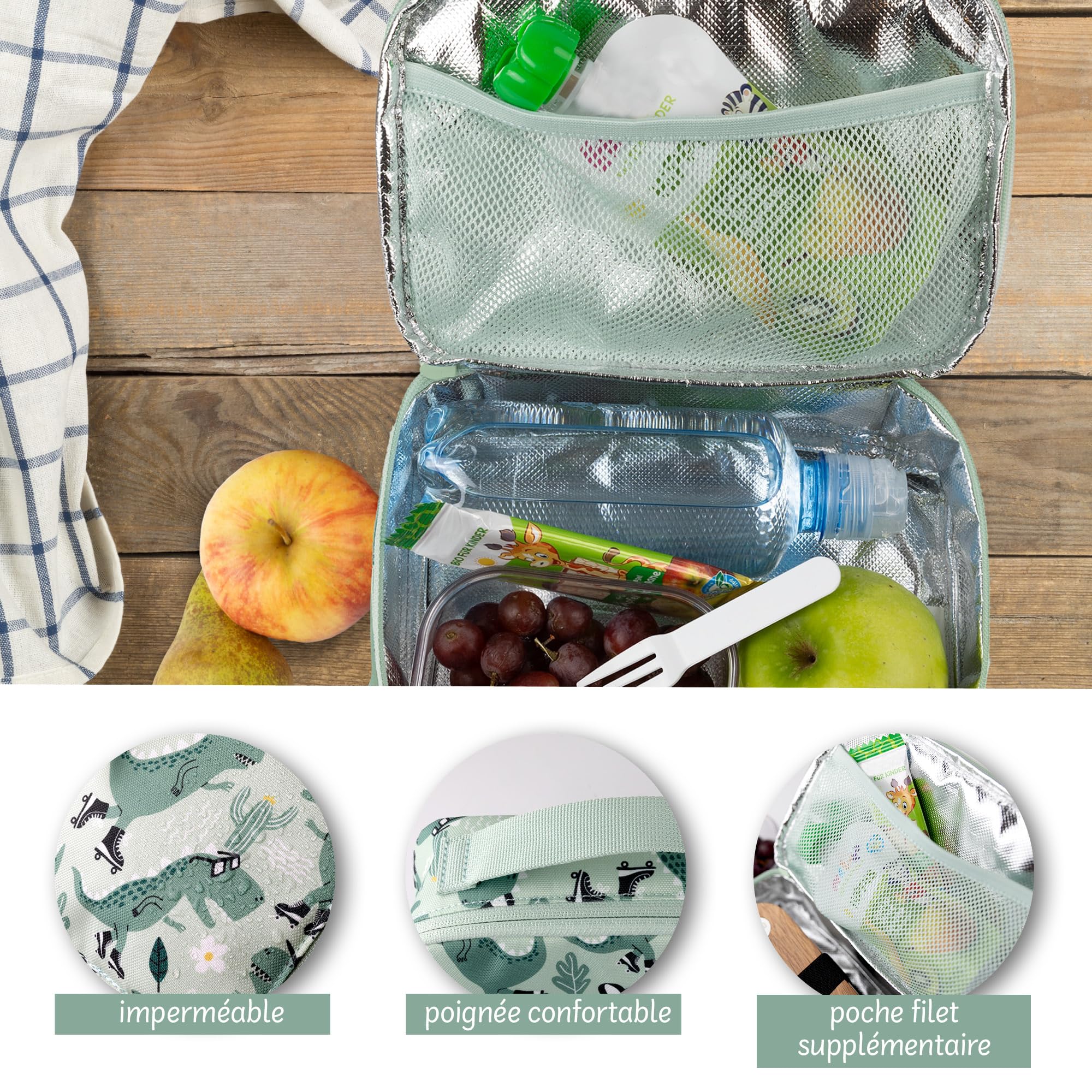 Sac Isotherme Repas Enfant Vert Dinosaure 21,5 x 14,5 x 6,5 cm