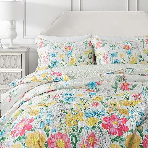 Vista 163 de NEWLAKE Juego de colcha de algodón, juego de colcha reversible de retazos, estampado real clásico turquesa, tamaño Queen Turquesa Clásico