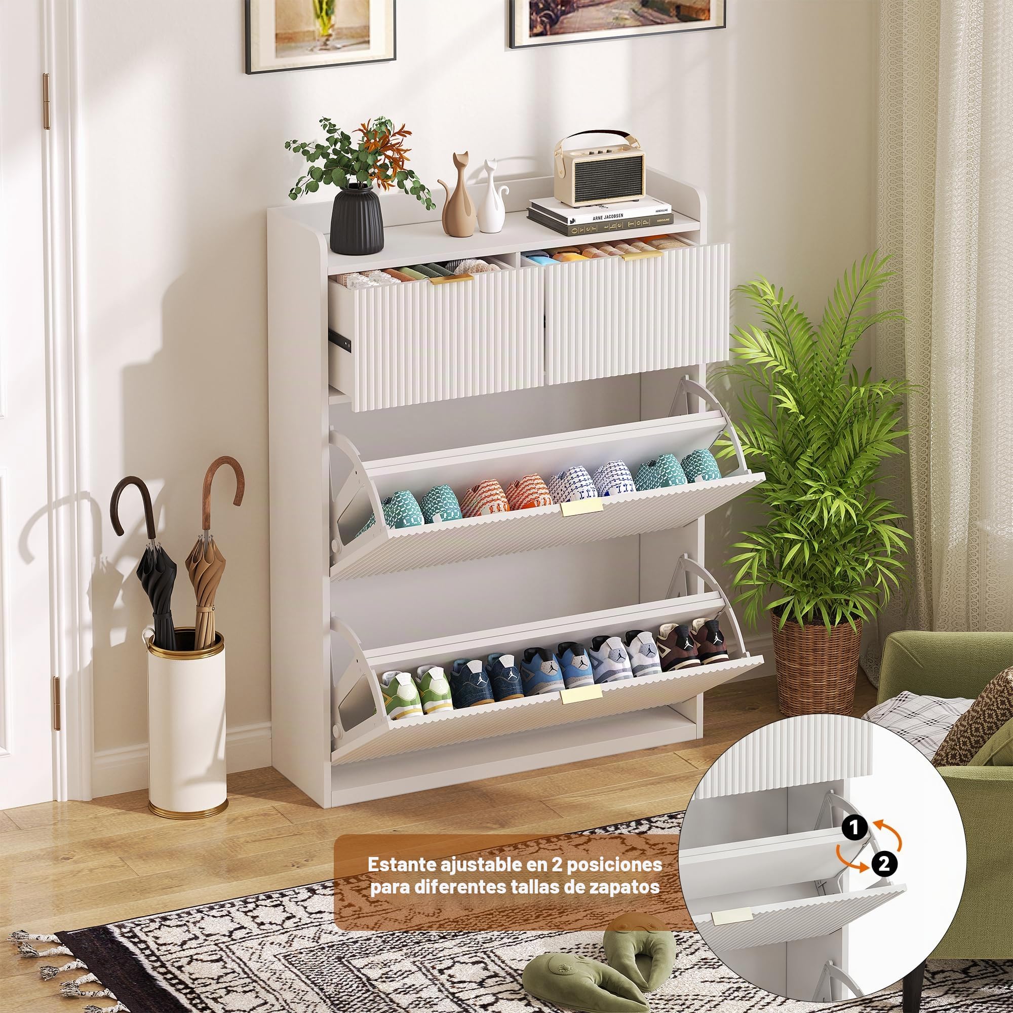 Zapatero con 2 tapas abatibles, zapatero estrecho con divisores ajustables, zapatero con 2 cajones, cómoda zapatero, estante para zapatos, armario para recibidor, pasillo, entrada, salón, 80 x 24 x