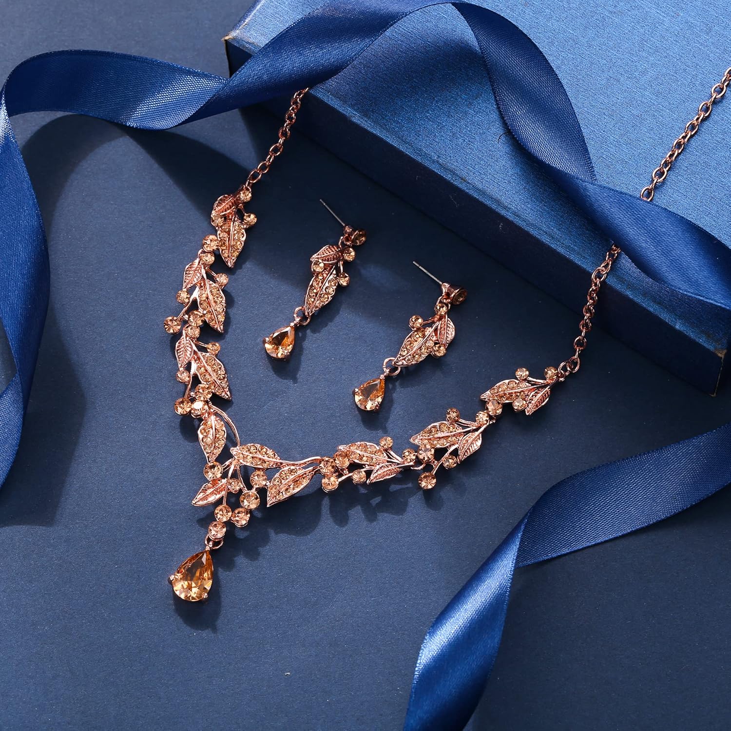 EleQueen Austrian Crystal Necklace Earrings Set, Cubic Zirconia Leaf Teardrop Bridal Jewelry for Brides Wedding Party, Costume Accessories Gifts for Women - Image 3