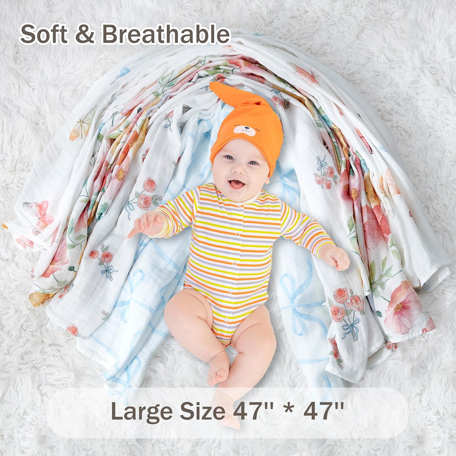 4-Pack 100% Cotton Muslin Swaddle Blankets, Large 47 x 47 Inches — Breathable Soft Receiving Blankets for Newborns, Swaddling Wraps, Baby Essentials, Registry Gift (Butterfly Floral Garden) - Image 5