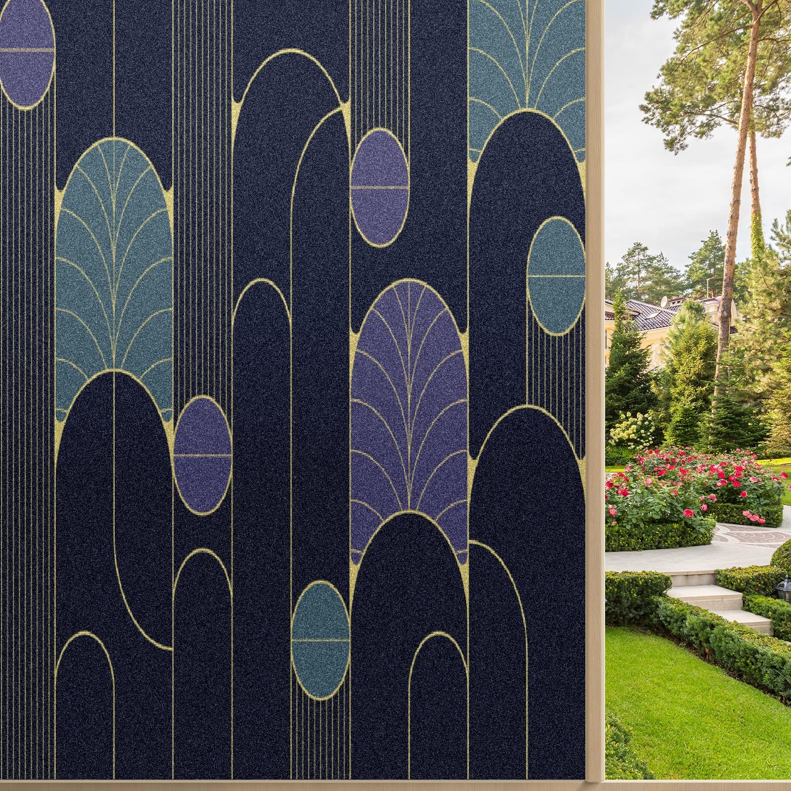 Retro Dark Geometric Modern Art Static Translucent Window Decals - Frosted Glass Window Clings - Non-Adhesive Heat Control - 23.6'' x 35.4''