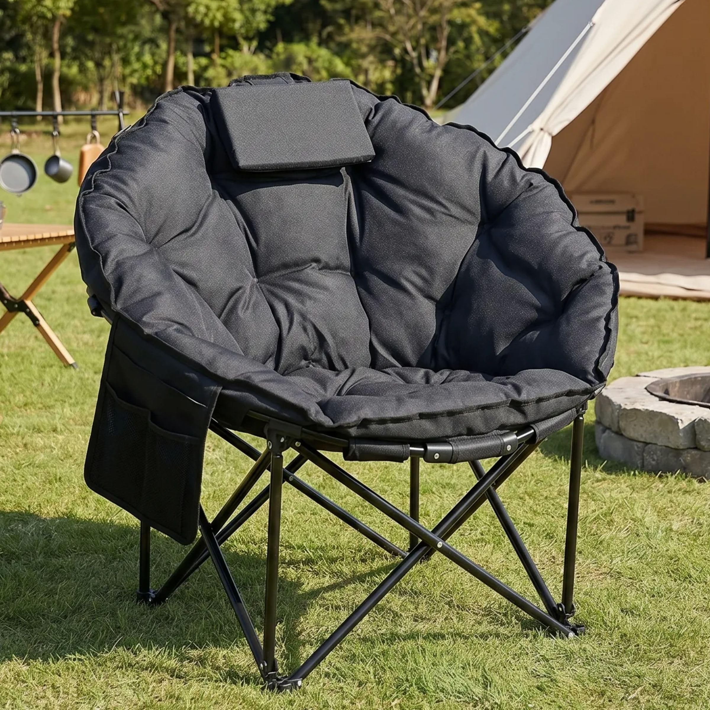 LIFERUN Sedia Pieghevole da Campeggio 150KG, Sedia da Campo Portatile, Moonchair imbottita XXL, con Poggiatesta, Tasca Laterale, borsa per il trasporto, per Giardino, Spiaggia, Trekking, Pesca, Nero