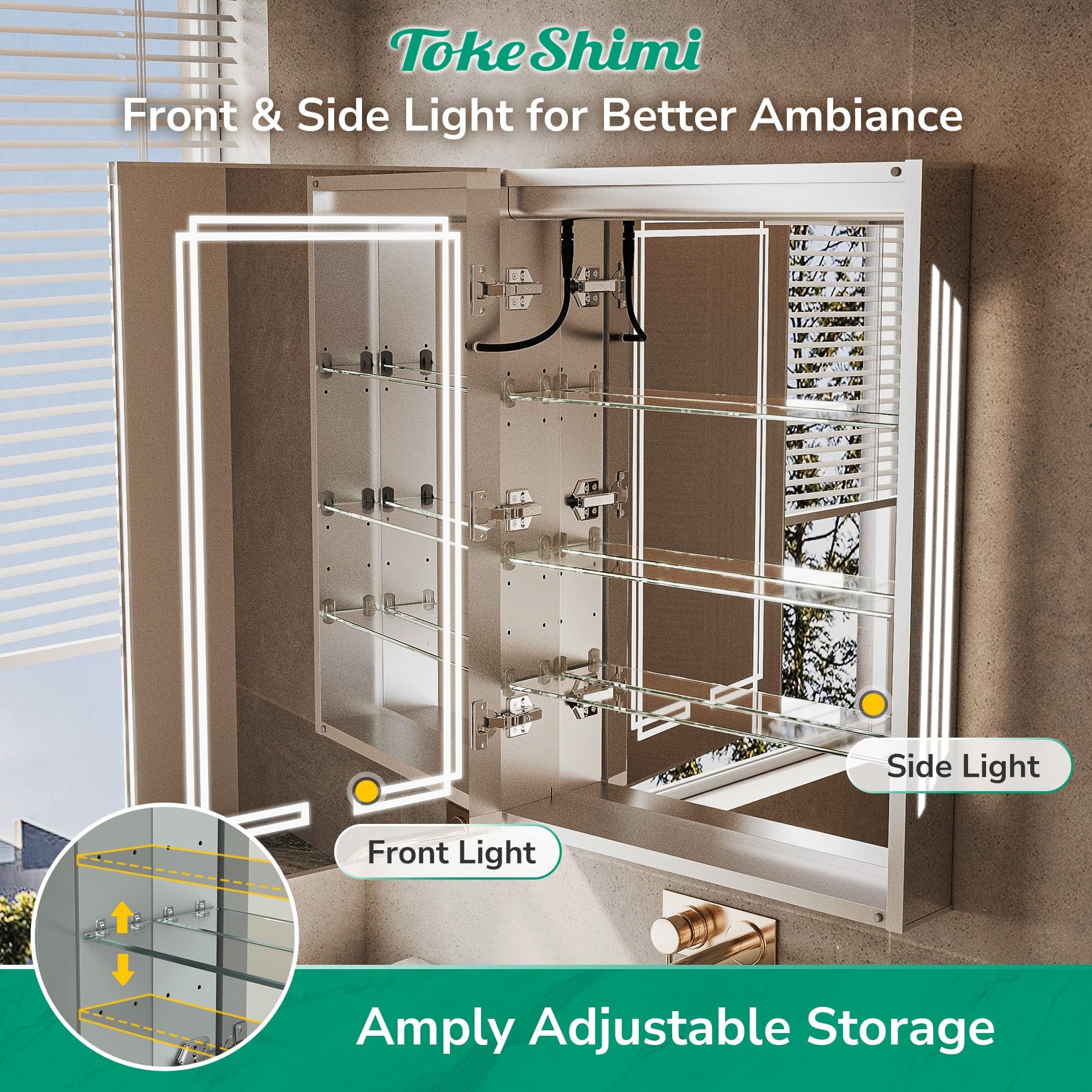 TokeShimi Armoire à pharmacie 24 x 32 LED avec miroir trempé, 3 couleurs éclairées, gradation continue, IRC 80+, anti-buée, fonction mémoire