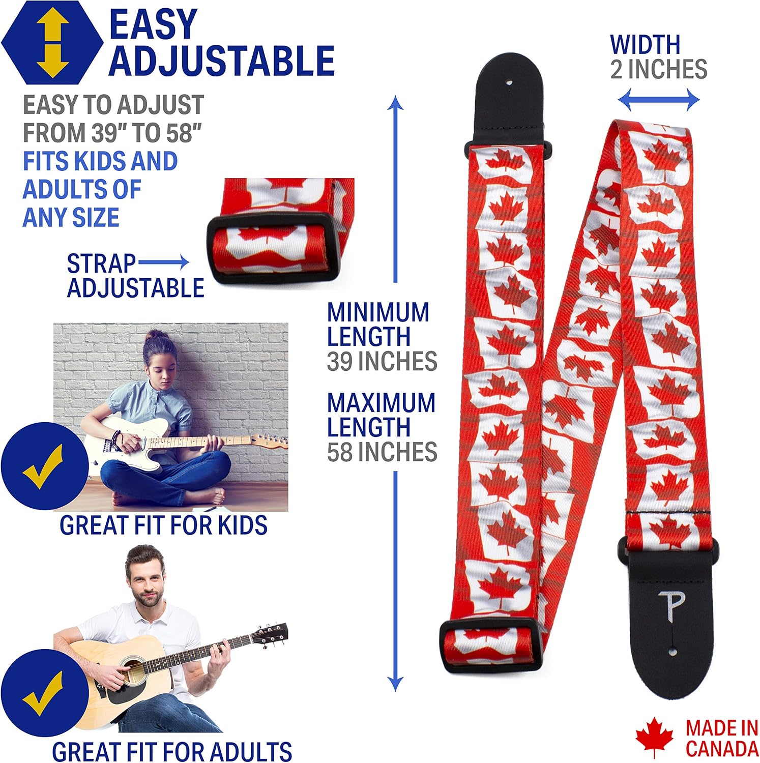 Perri's Leathers Ltd.- Guitar Strap- Polyester-Canada Flag- Adjustable - For Acoustic/Bass/Electric Guitars - Made in Canada (LPCP-2014)