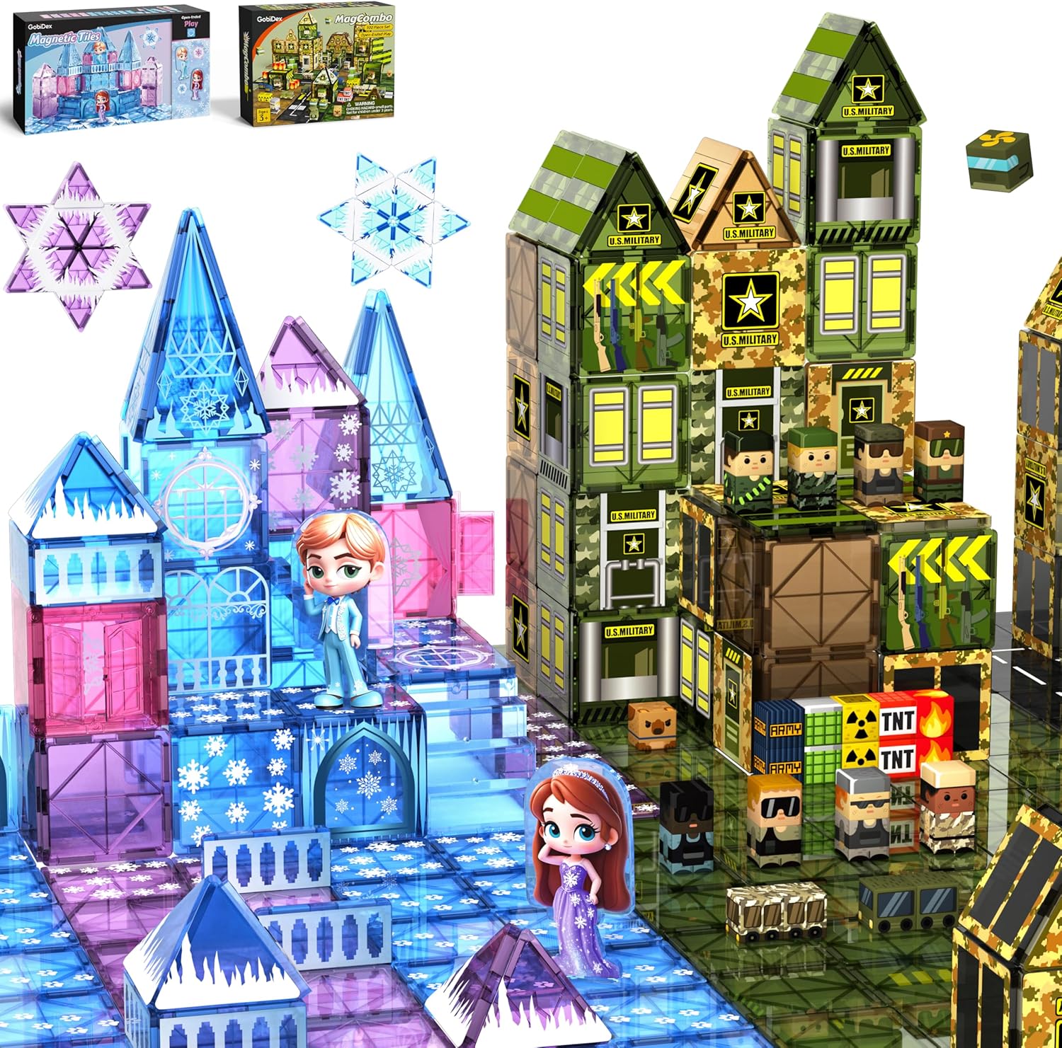 GobiDex Magnetic Tiles 140PCS Set – 100PCS Military Magnetic Building Blocks & 40PCS Ice Princess Castle Magnetic Tiles, STEM Sensory Construction Toddler Toys for Kids Boys Girls Age 3+