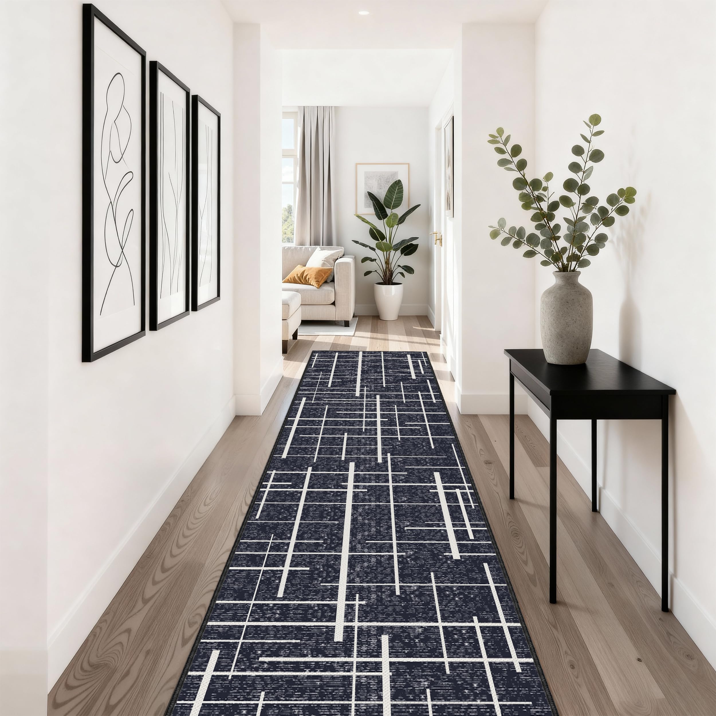 Modern Stripe Hallway Runner Rug Non Slip, Washable 2x10 Runner Rug, Woven Thin Low Pile Carpet Runners for Hallway 10ft Entryway, Kitchen, Walkway -Midnight Black