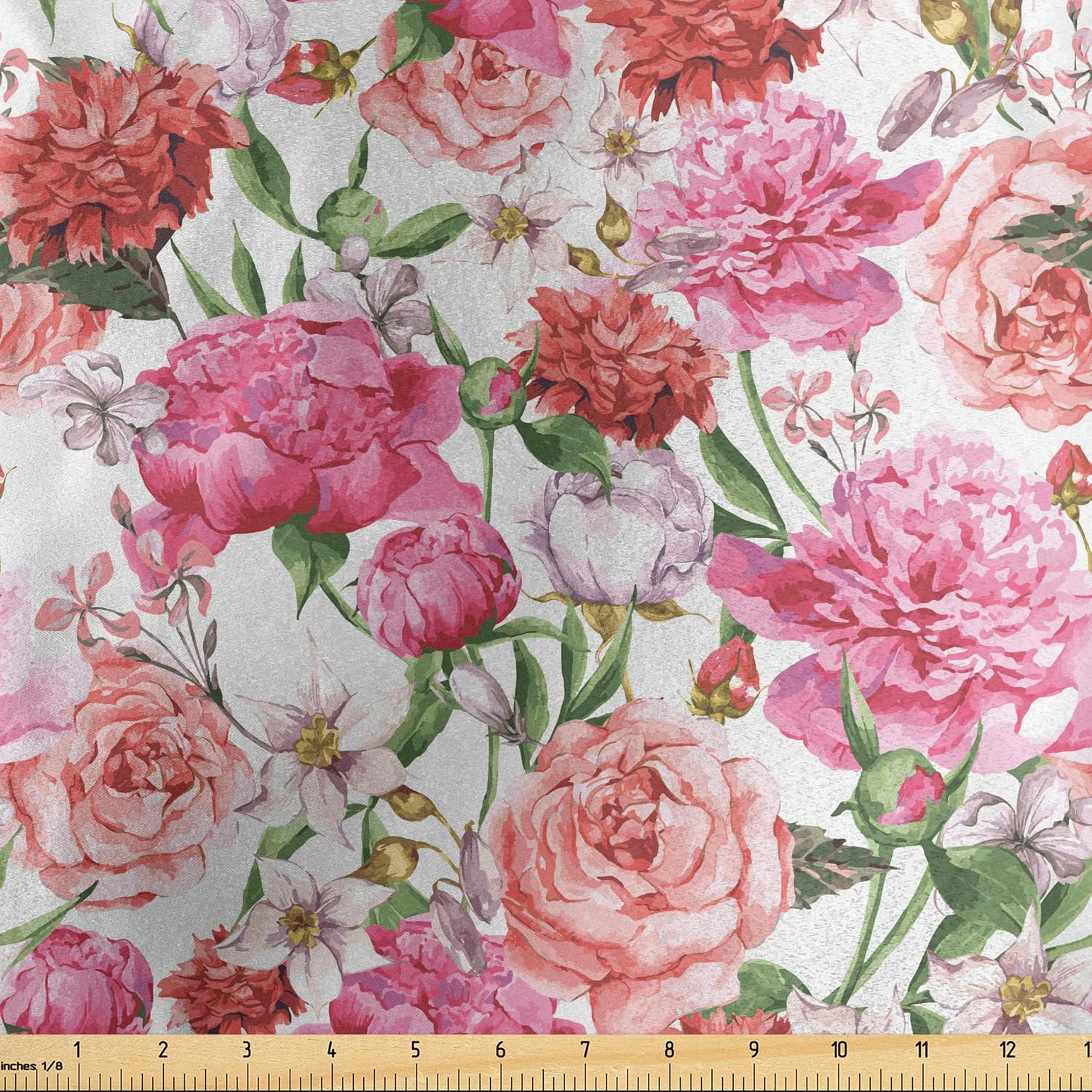 Ambesonne The Yard, flores de jardín de primavera de verano con hojas y brotes, tela de satén decorativa para textiles para el hogar y manualidades,