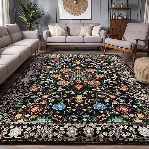 GREFFY 4x6 Area Rugs for Living Room, Machine Washable Vintage Rug, Non-Slip Low Pile Throw Rugs with Rubber Backing Washable Carpet for Bedroom Dining Room Kitchen Home Decor, Black