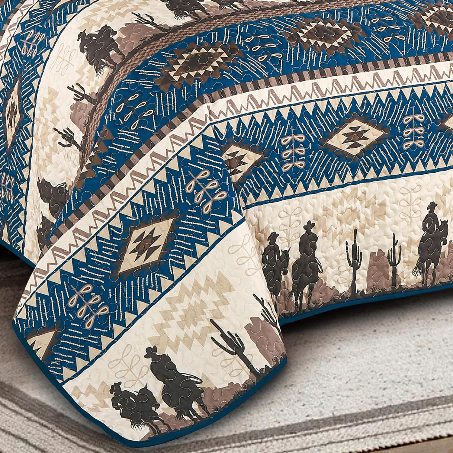WPM WORLD PRODUCTS MART Western Beige/Navy Blue Cowboy Desert Southwestern Print Bedspread 3 Piece west Theme Cabin Lodge Ranch Design Coverlet Quilt Set-Kadence 22366 (Navy, Queen) - Image 3