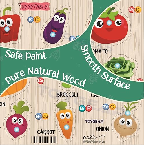 Image of Wooden Fruit & Vegetable Peg Puzzle for Kids | Montessori Educational Puzzle Board with Apple, Mango, Carrot, Tomato & More | Early Learning Toy for Toddlers & Preschoolers (Age 2+)