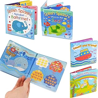 Vibrant Educational Baby Bath Books, Detailed and Waterproof, First Words ABC Letters & Numbers, Plastic Coated & Padded, Floating Fun Bathtime Learning Toys for Toddlers and Kids (4 Bath Books)