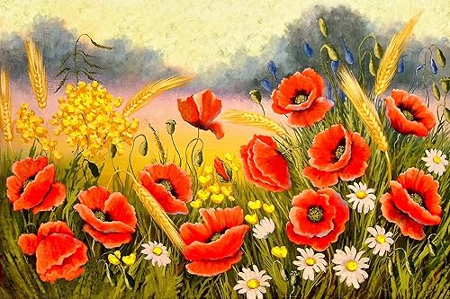 Bandera de primavera de amapolas en campo de pintura al óleo de 3 x 5 pies, paisaje de primavera con doble costura de 3 x 5 pies con ojales de latón