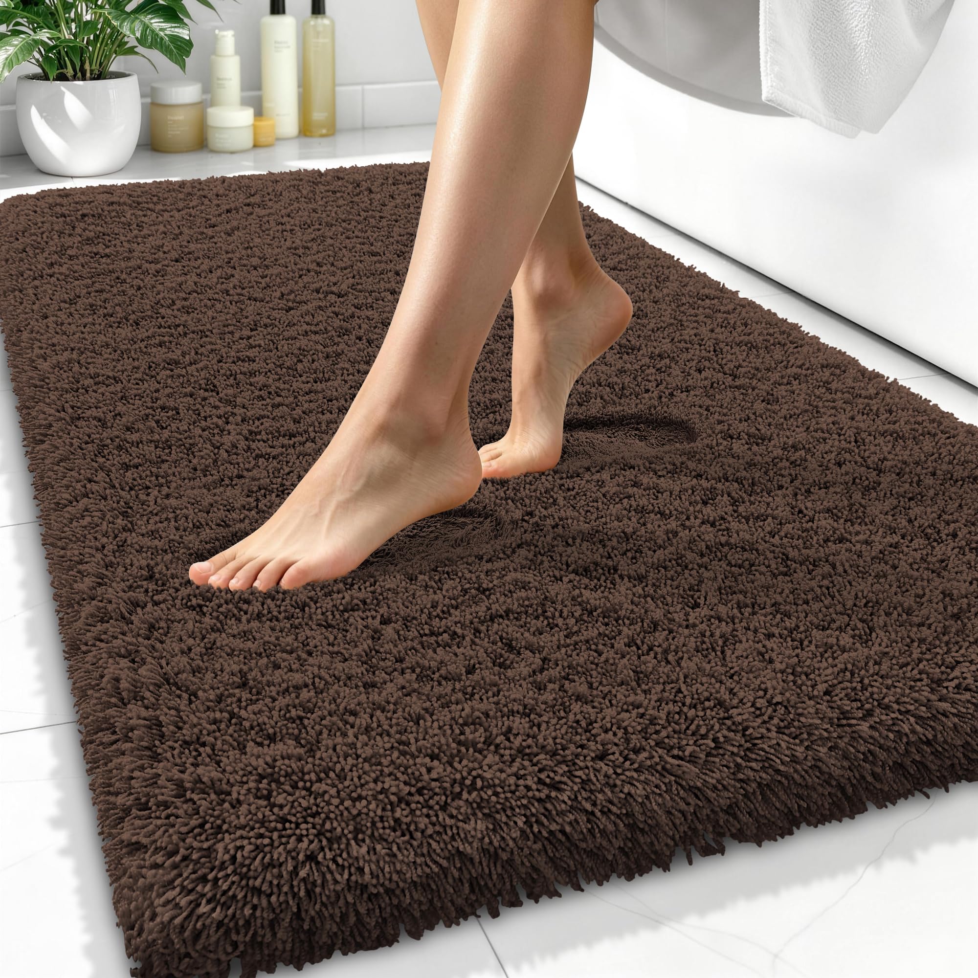 OLANLY Microfiber Bathroom Rugs 34x21, Ultra Soft Absorbent Bath Mat, Brown
