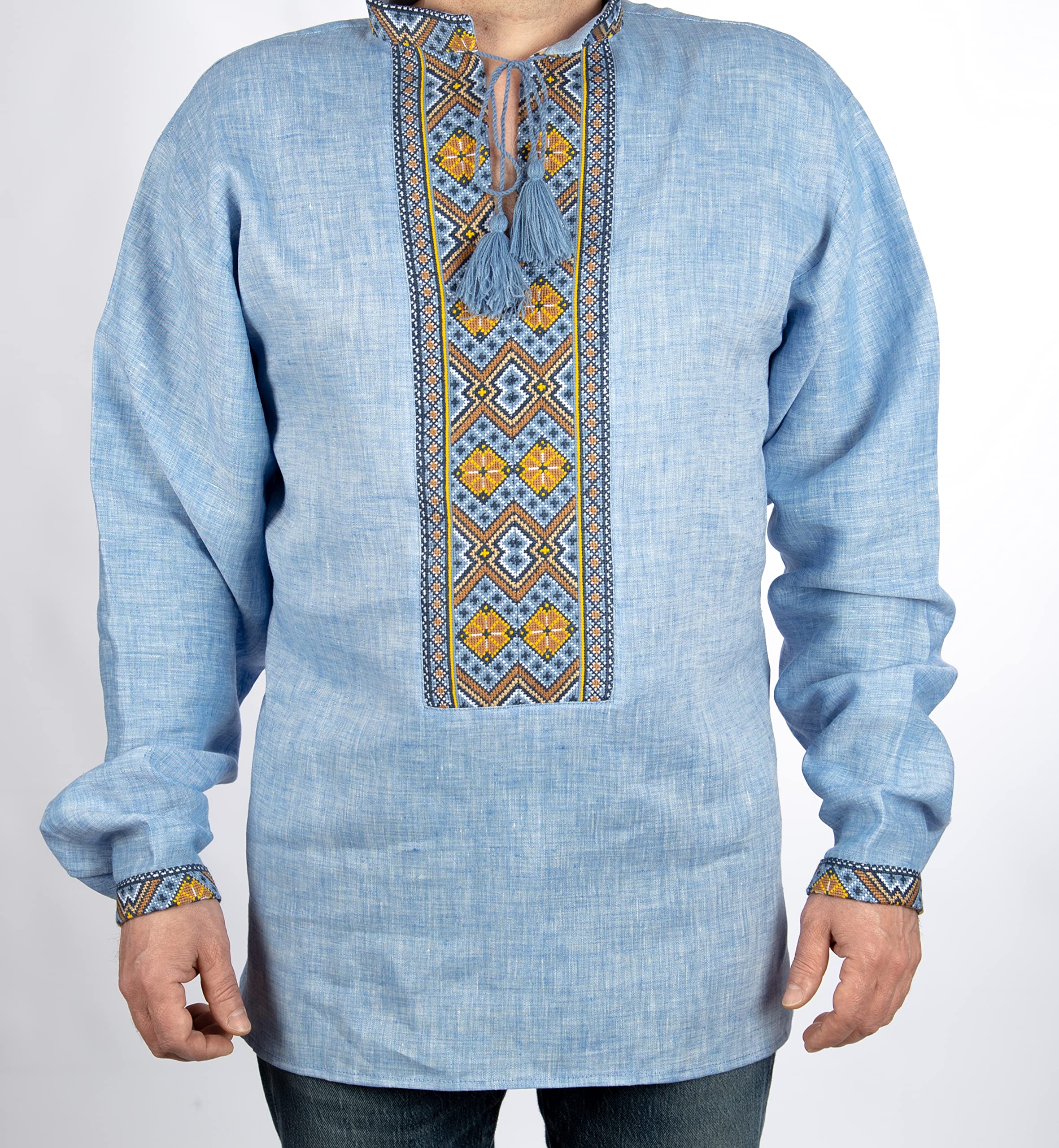 Hand Mens Blue Denim Vyshyvanka Linen Shirt with Blue Yellow Embroidery 2XL INDEPENDENS Day Sale