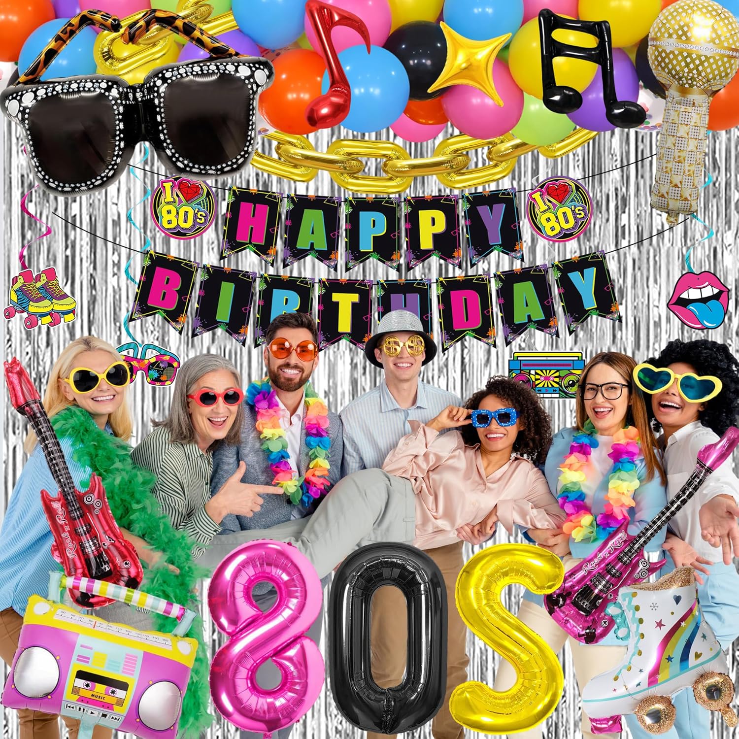 Holkcog 80s Birthday Party Decorations, Back to 80’s Bday Decor with Guitar Glasses Skate, 80s Balloons, Silver Curtain for Retro Party Photo Props Bday Party, Back to 1980, 80‘s Disco Birthday Supply